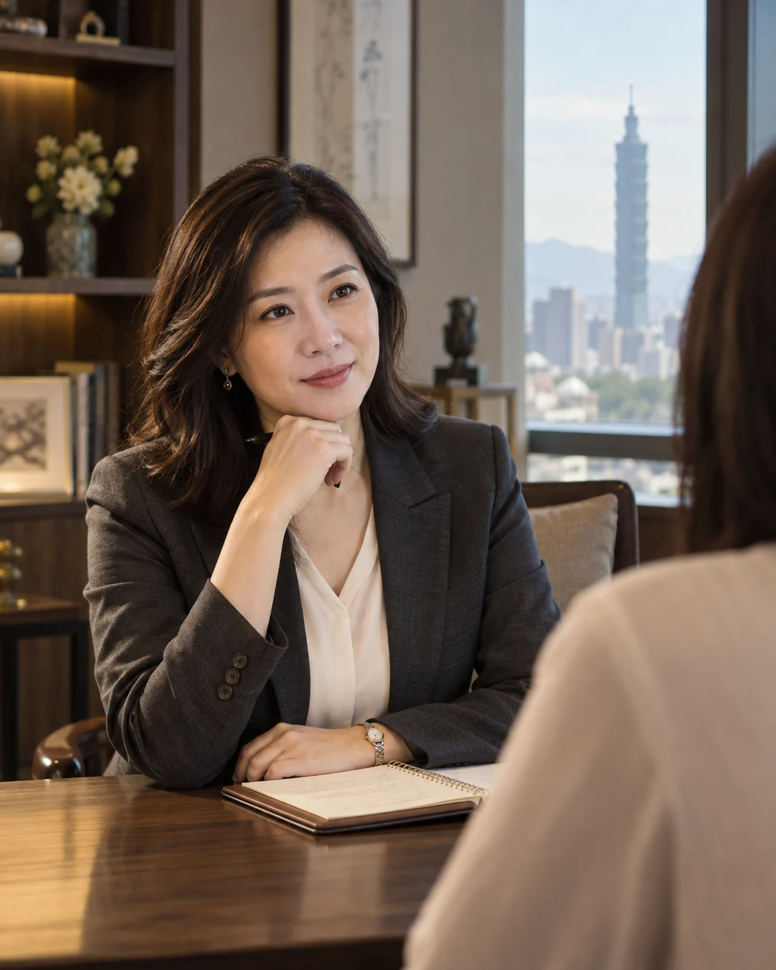 成熟亞洲女性在私密空間傾聽訪客的顧問情境示意